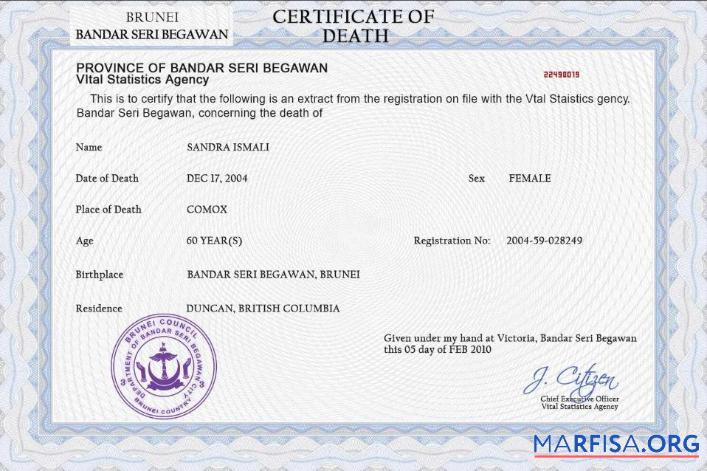 Printable Brunei vital record death certificate PSD template